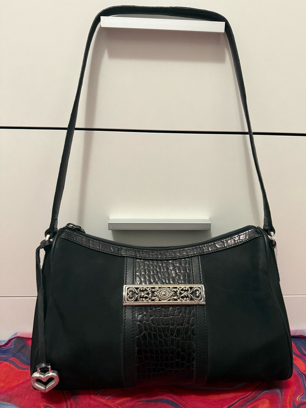 Vintage Brighton Black Microfiber Croc Embossed Shoulder Bag